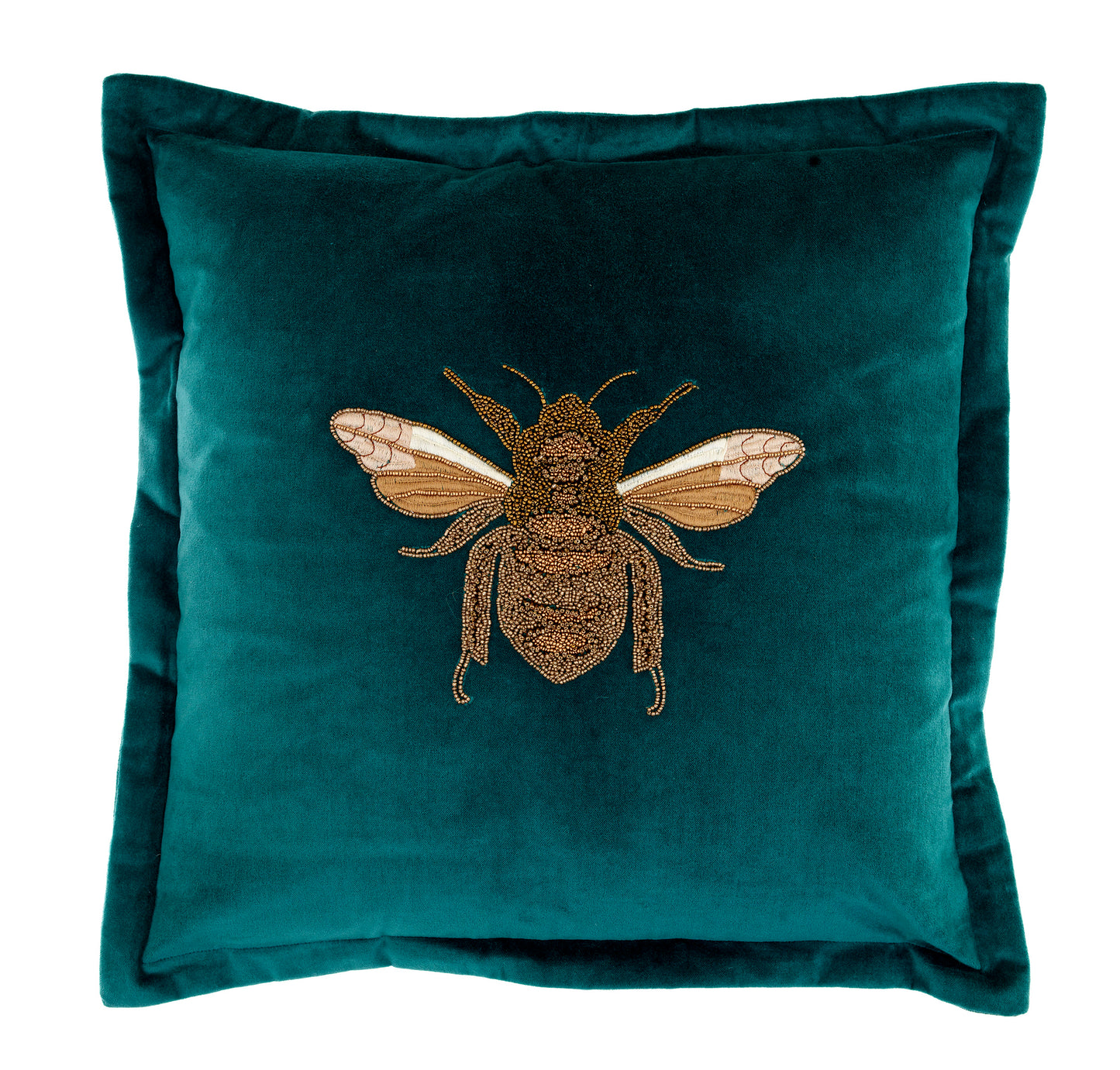 Teal velvet cushion with beaded bee motif 