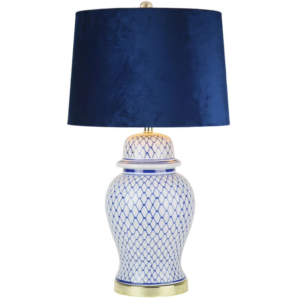CERAMIC BLUE & WHITE LAMP NAVY VELVET SHADE