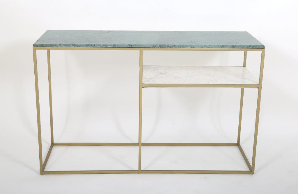 Esme 2 tier console table in contrasting green and white marble shelves, gold frame 