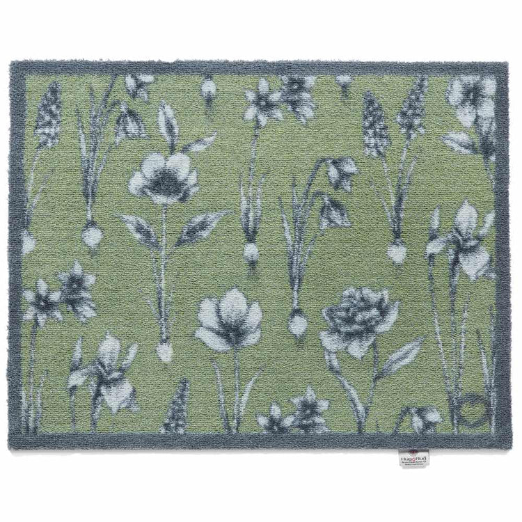 Hug Rug washable green garden floral design door mat with green background and grey floral print
