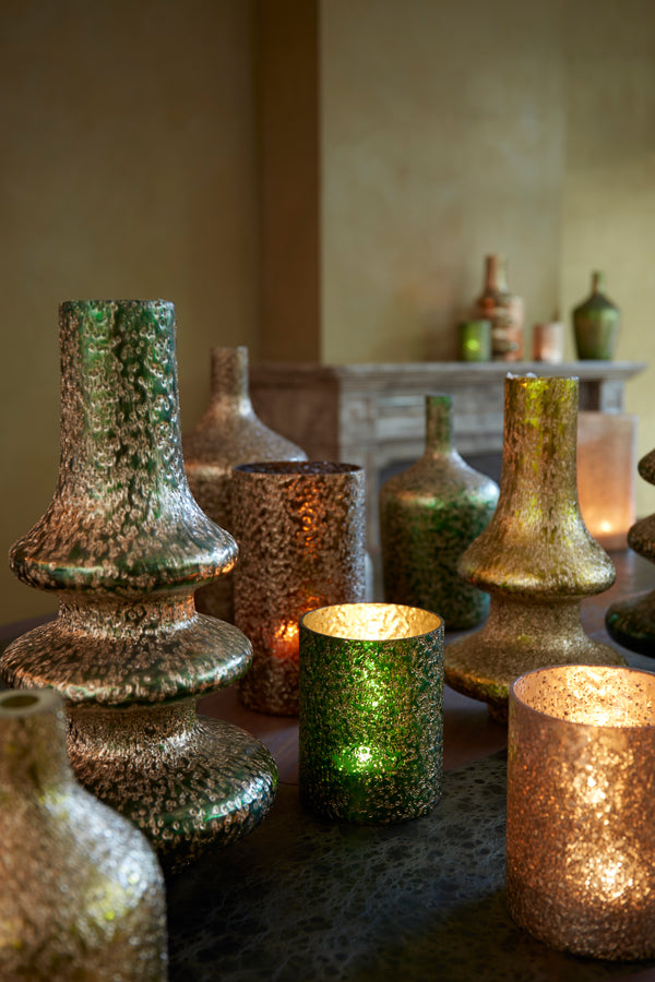 DARK GREEN & GOLD GLASS VASE / LAMP
