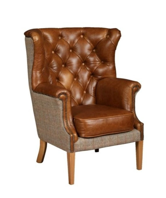 Cerato brown leather hunting lodge grand armchair with Harris tweed back