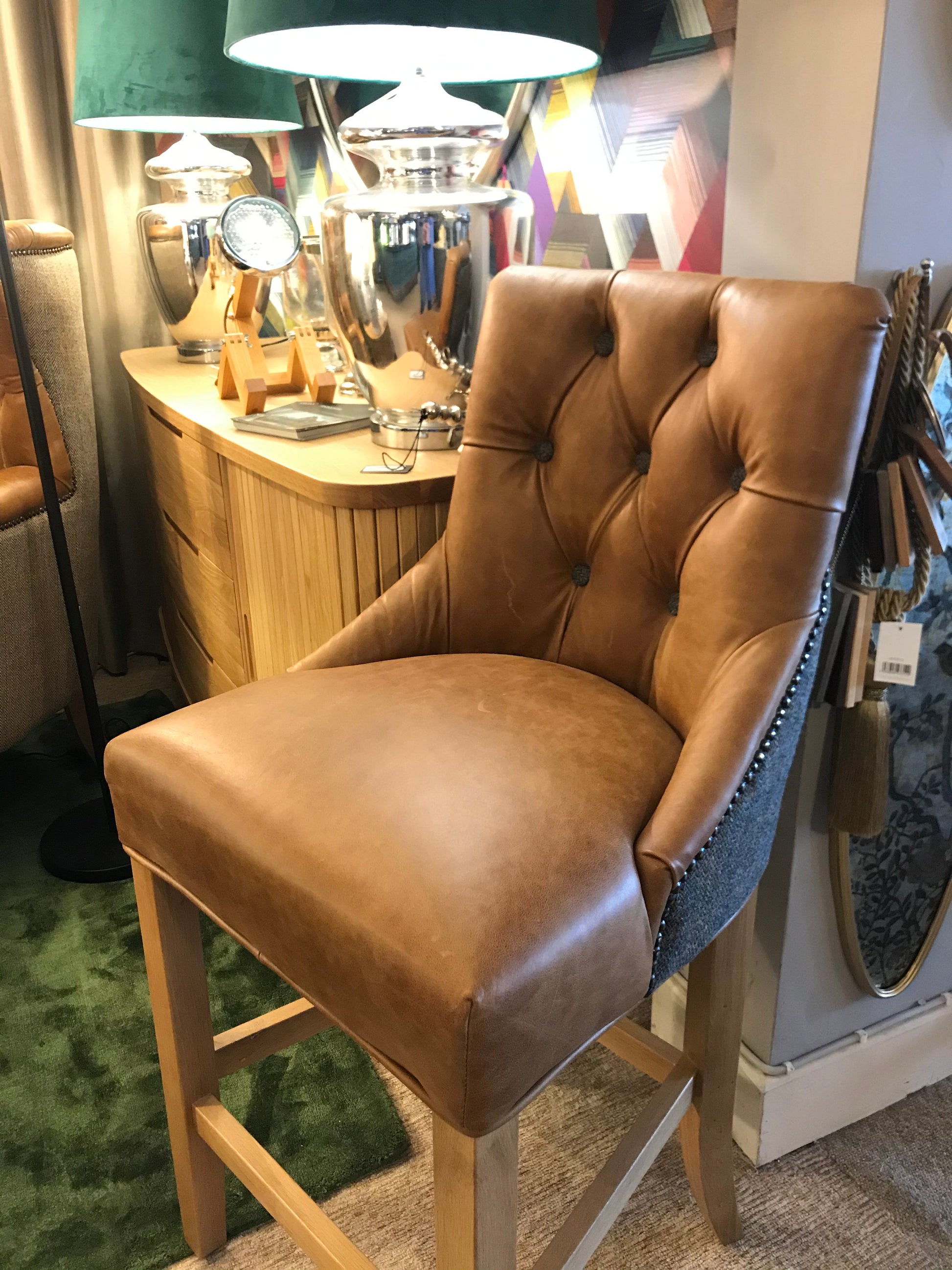 Leather bar stool with Harris tweed back 